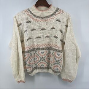 Cozy Vintage Orange Floral Tuplip Cream Knit Sweater Brand “Nugget”  Size Large